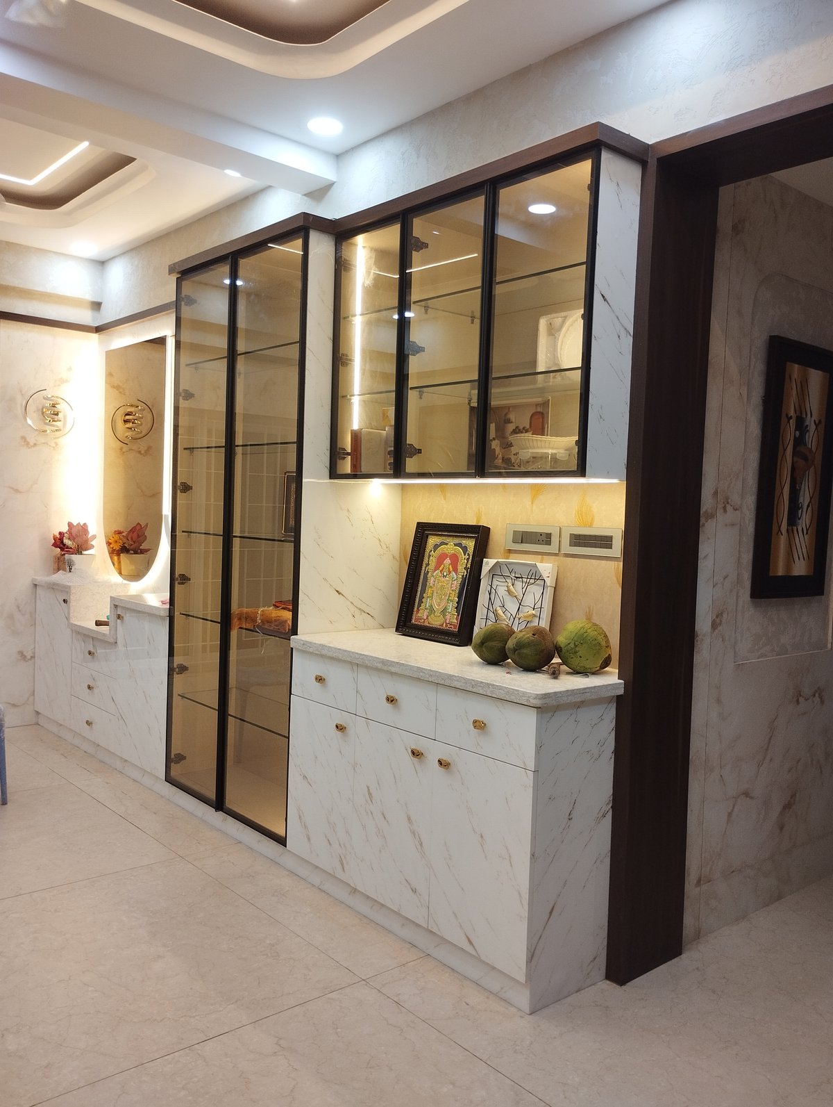 Custom glass cabinet with marble finish